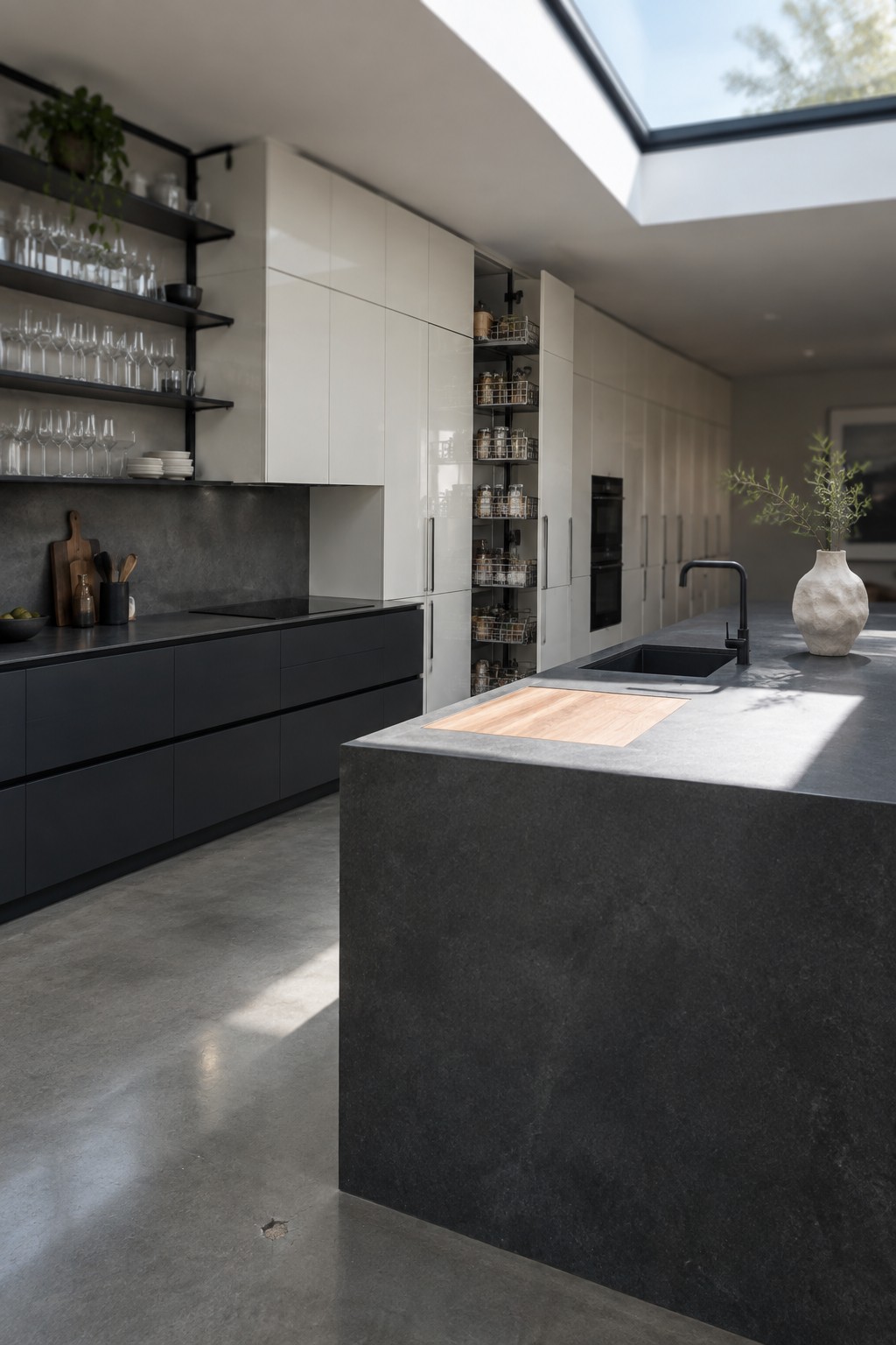 A modern kitchen featuring white full-height cabinets with open pull-out storage, dark base cabinets, a concrete island with sink, and black open shelving on the left wall.