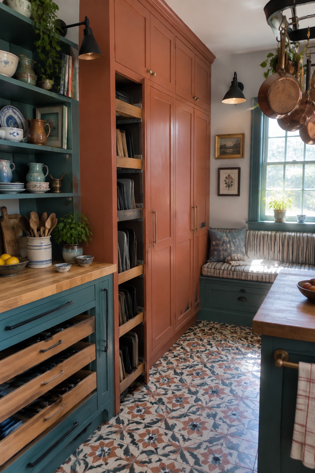 Vibrant kitchen with coral cabinets, teal shelving, patterned tile floor, and window seat