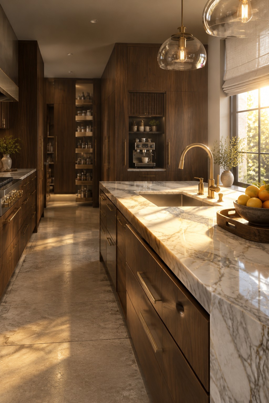 Modern kitchen with dark wood cabinets, marble countertop, gold faucet, and sunlit window