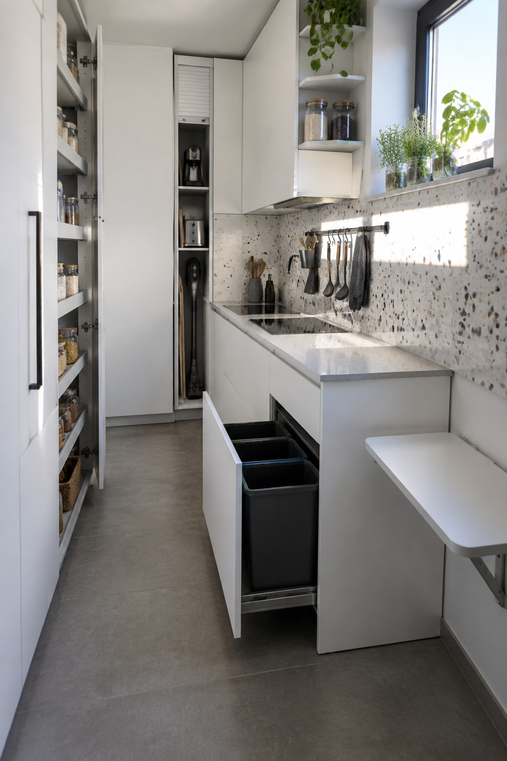 A narrow modern kitchen with white full-height cabinets, one open to show shelves of jars, a pull-out drawer with black recycling bins, and a terrazzo backsplash.