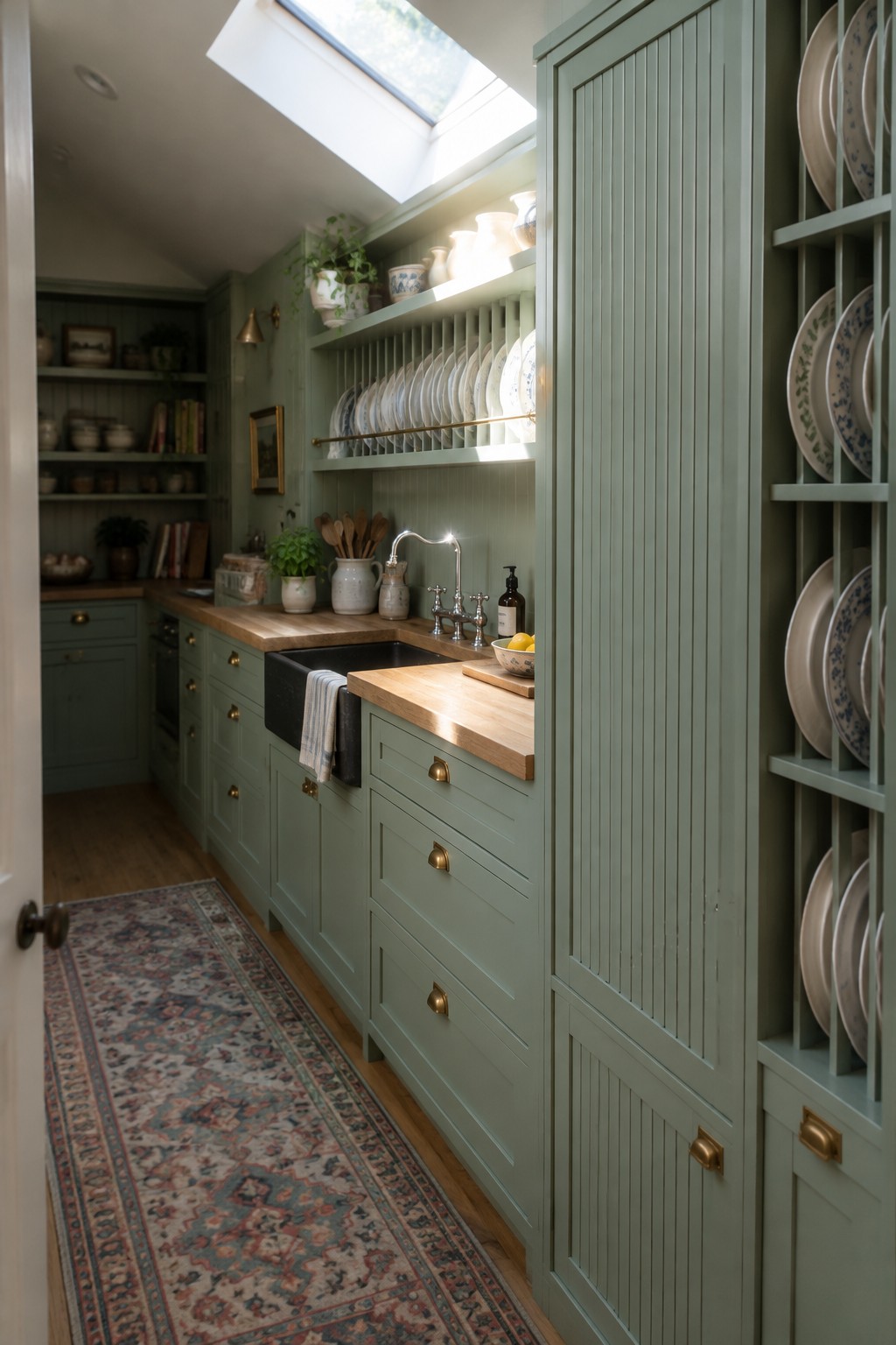 A narrow kitchen interior with sage green full-height cabinets, a black sink, wooden countertops, open plate shelves, and a tall storage cabinet on the right.