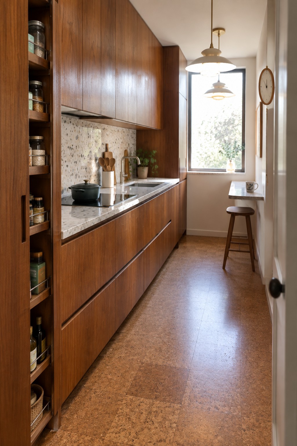 Modern kitchen with wood cabinets, terrazzo backsplash, marble counters, and cork floor.