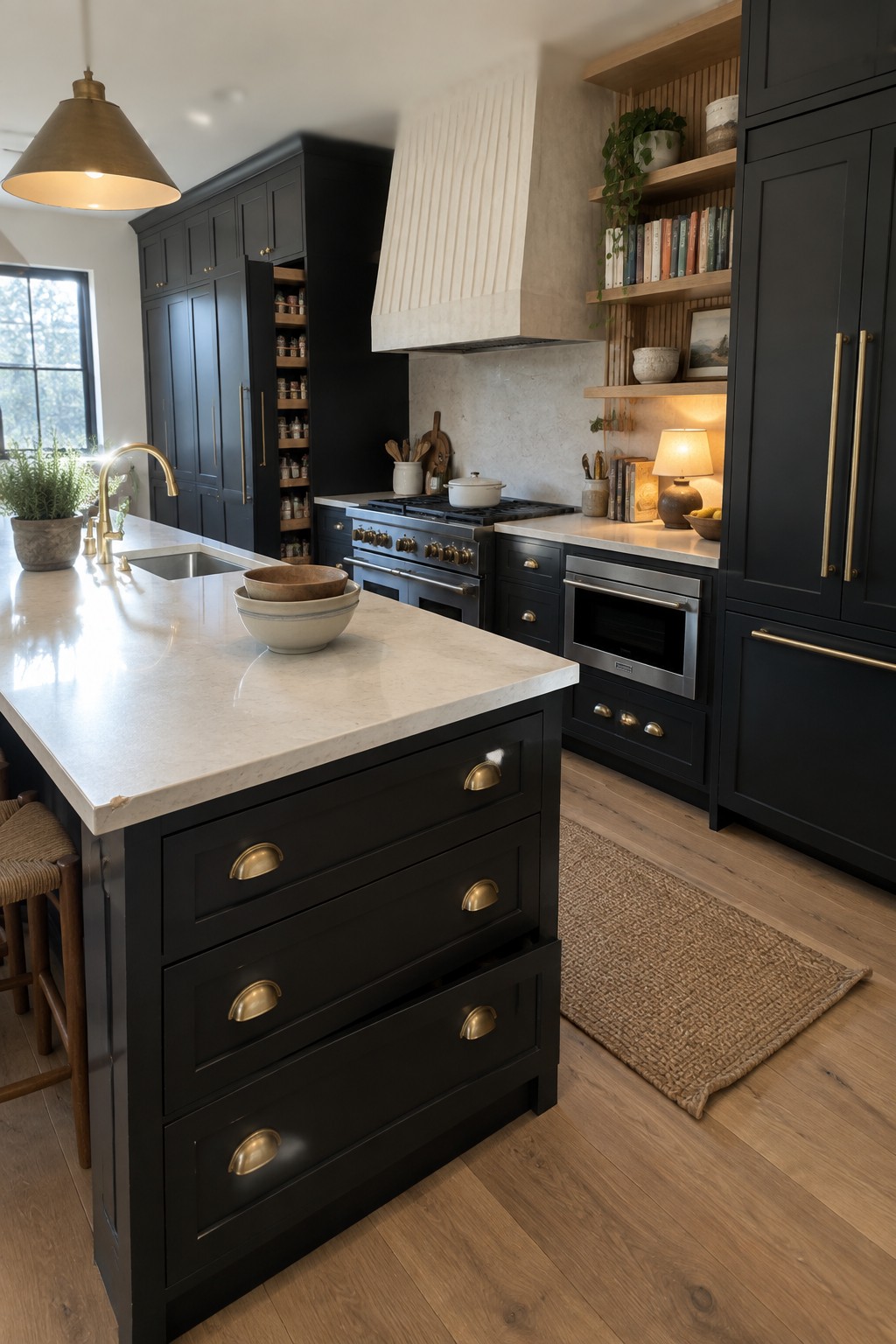 A kitchen with black full-height cabinets, an open tall pantry section, a white marble island with deep drawers, and a dark range with a white hood.