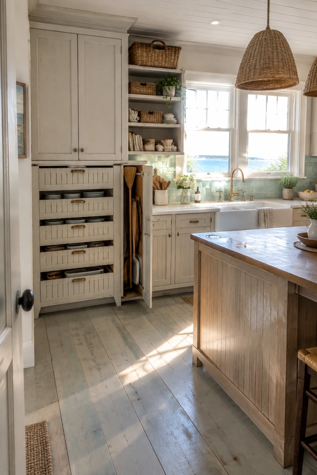 A bright kitchen with full-height off-white cabinets, multiple open deep drawers holding stacked plates, and an open tall cabinet door showing brooms and cleaning supplies beside a wooden island.