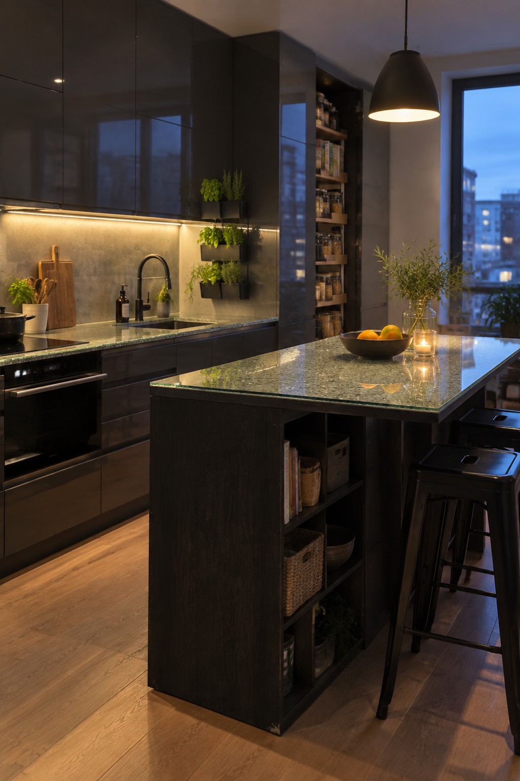Modern dark kitchen with green marble island, black stools, and pendant light at dusk