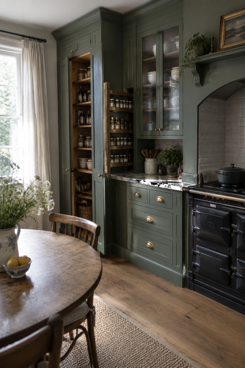Rustic kitchen with sage green cabinets, open shelves, black range, and wooden table