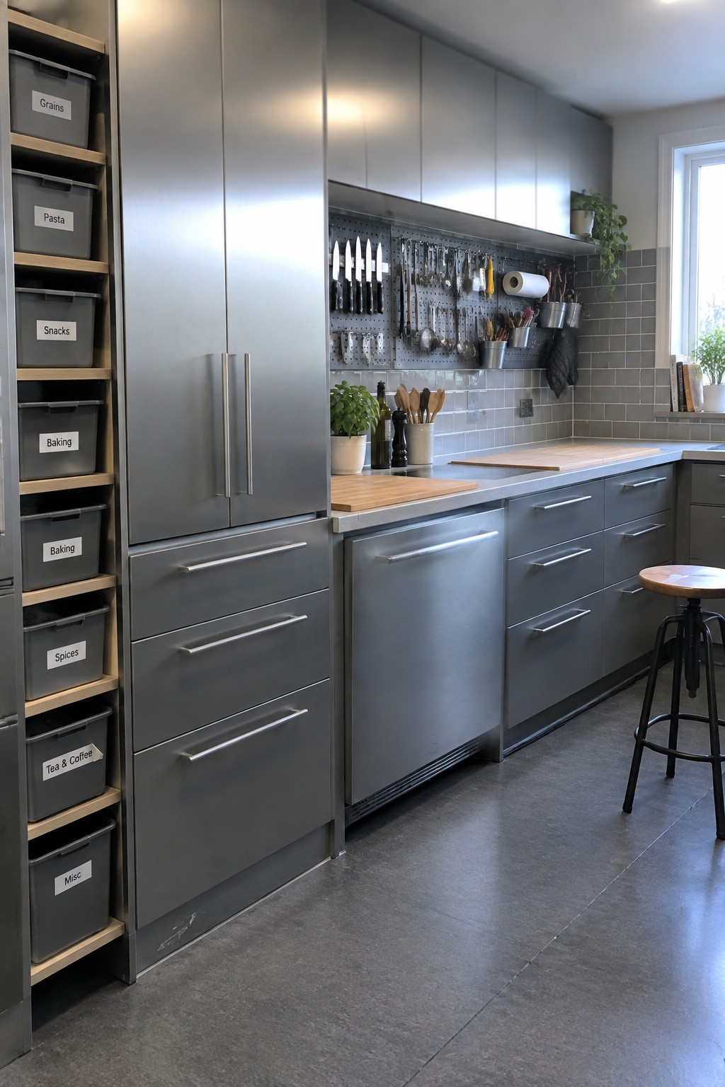 Modern kitchen with stainless steel appliances, gray cabinets, pegboard tools, and labeled bins.