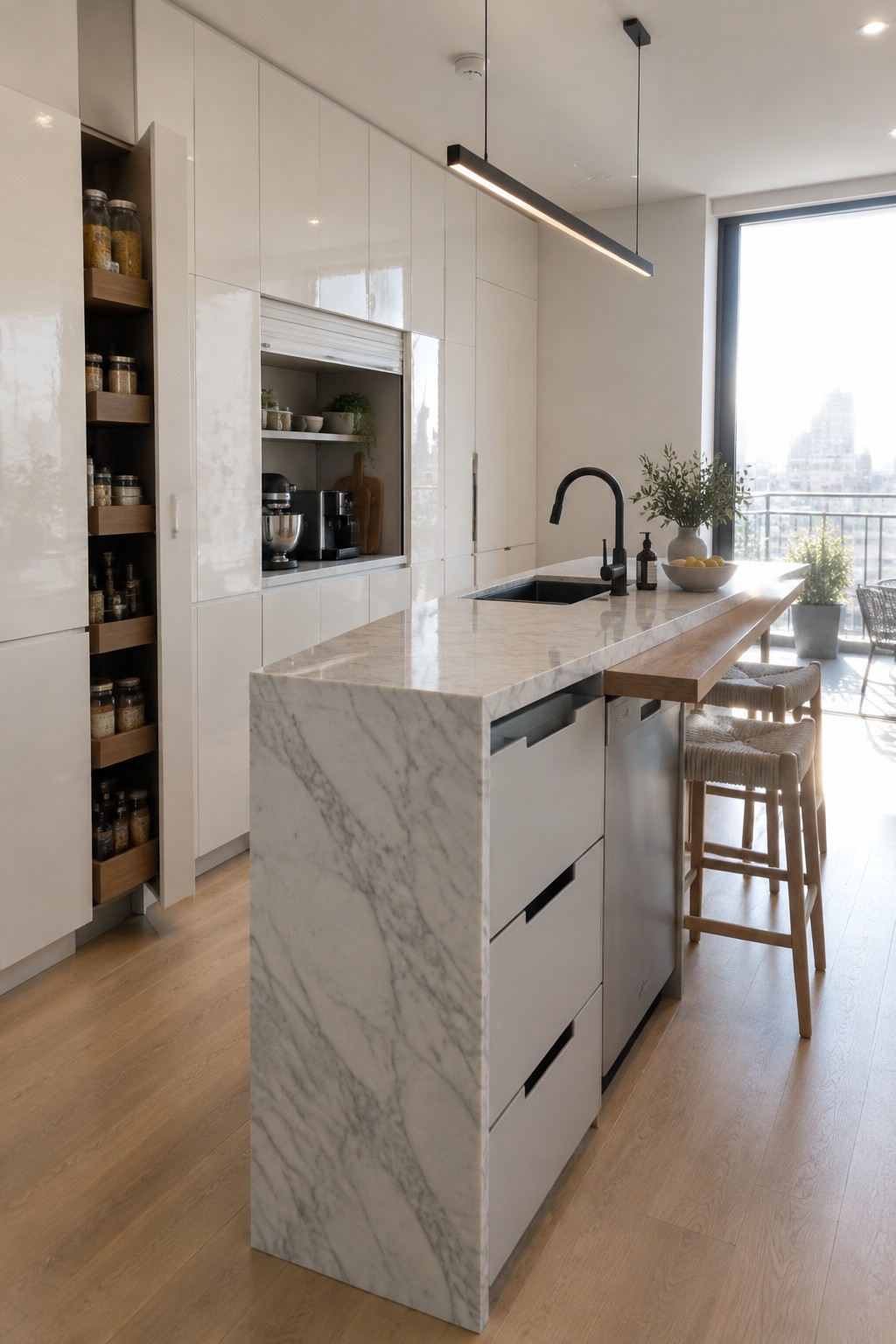 Modern kitchen with marble island, white cabinets, wooden stools, and city view