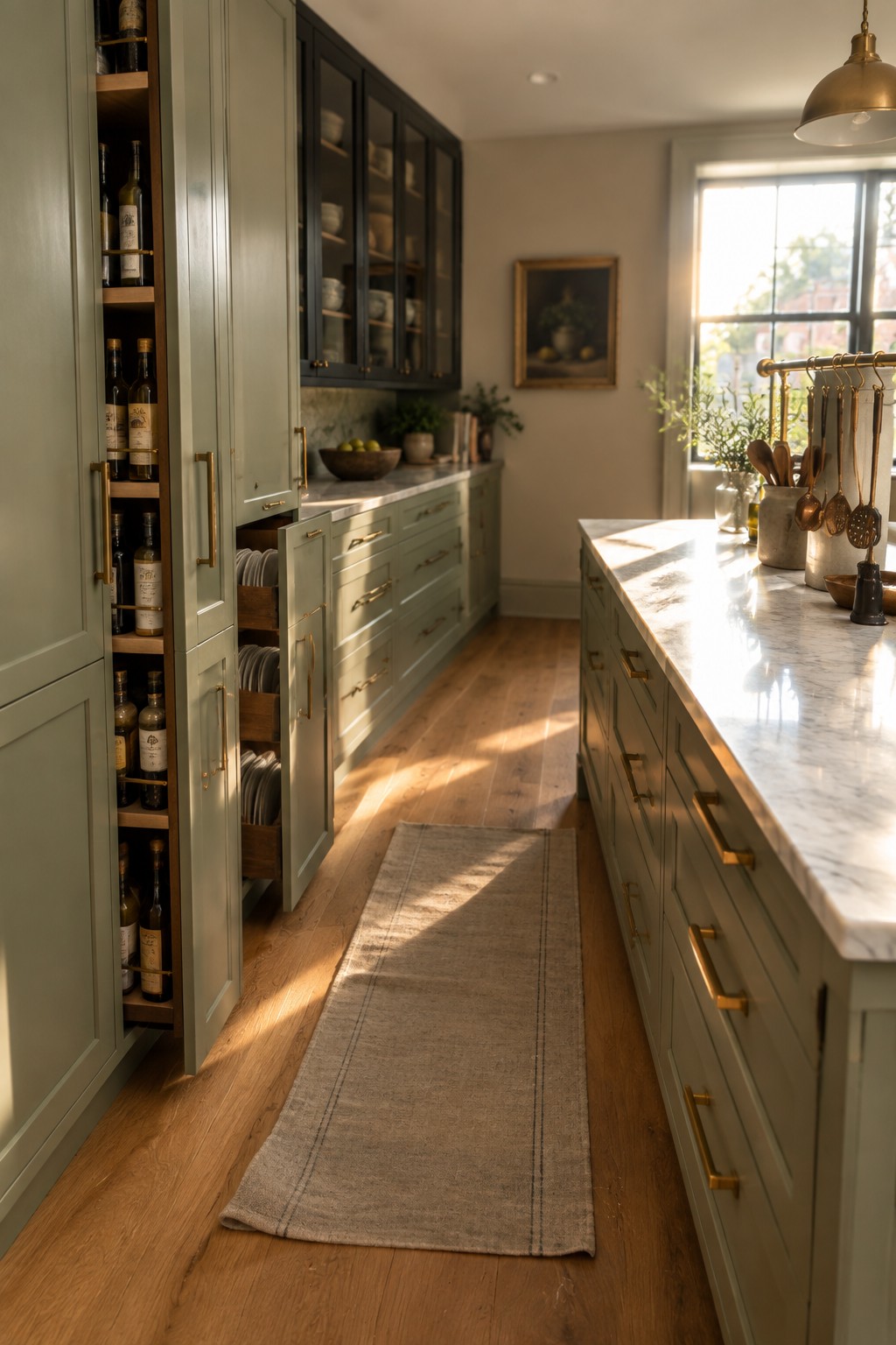 Sunlit kitchen with sage green cabinets, marble island, brass hardware, and wooden runner rug.