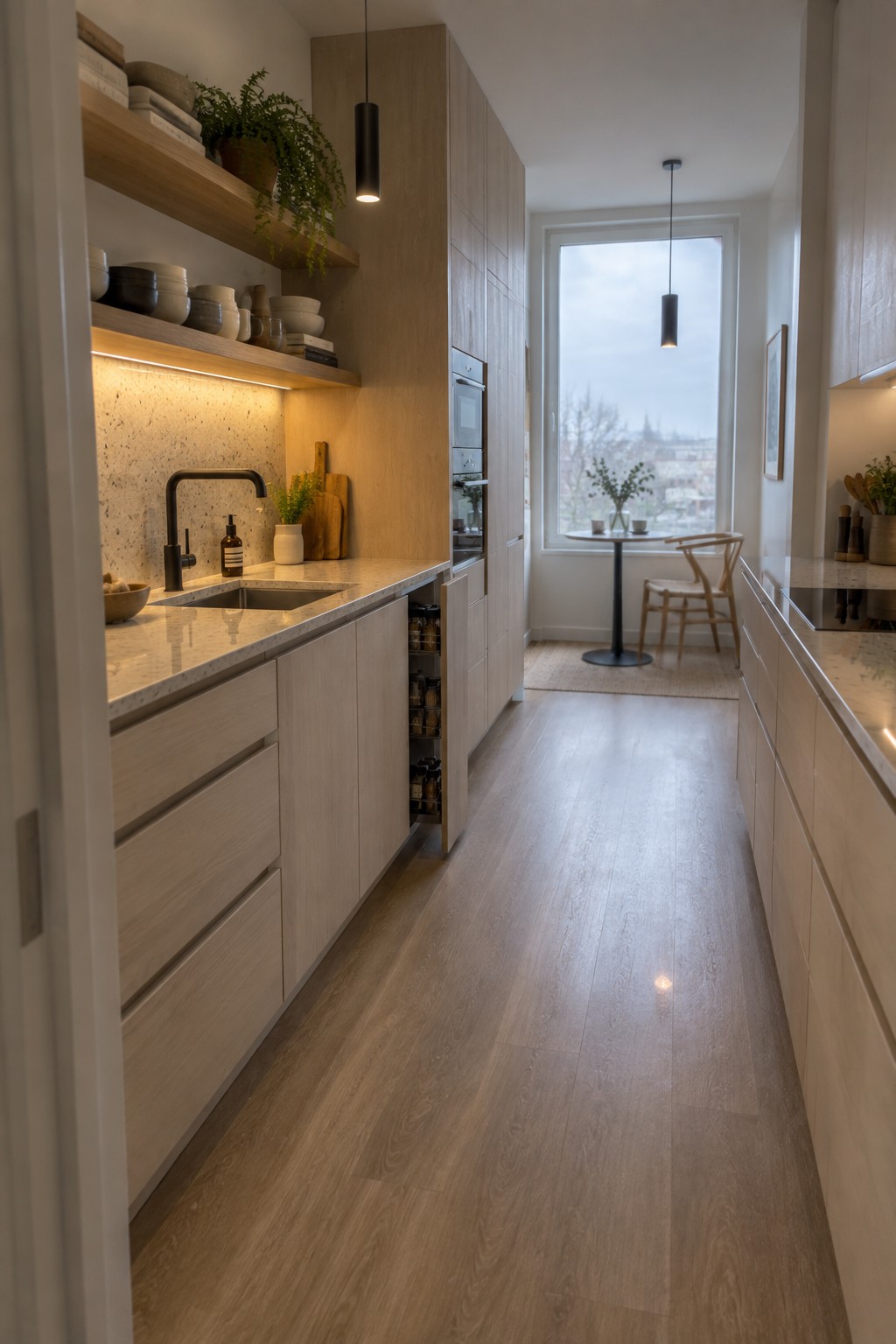 Modern kitchen with light wood cabinets, marble counters, open shelves, and large window