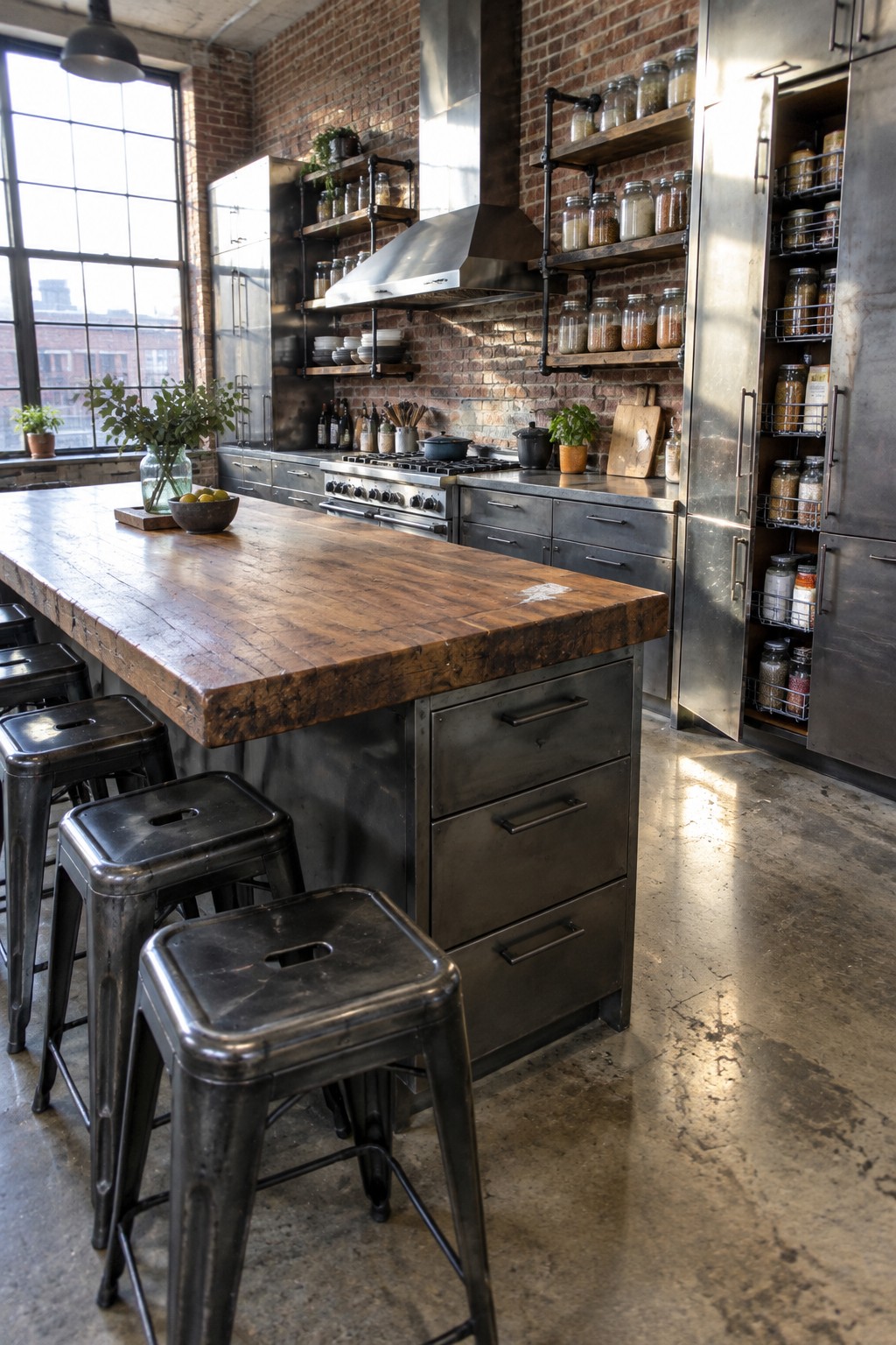 A spacious industrial kitchen with a large wooden island, black metal stools, stainless steel full-height cabinets filled with jars, and open shelving against a brick wall.
