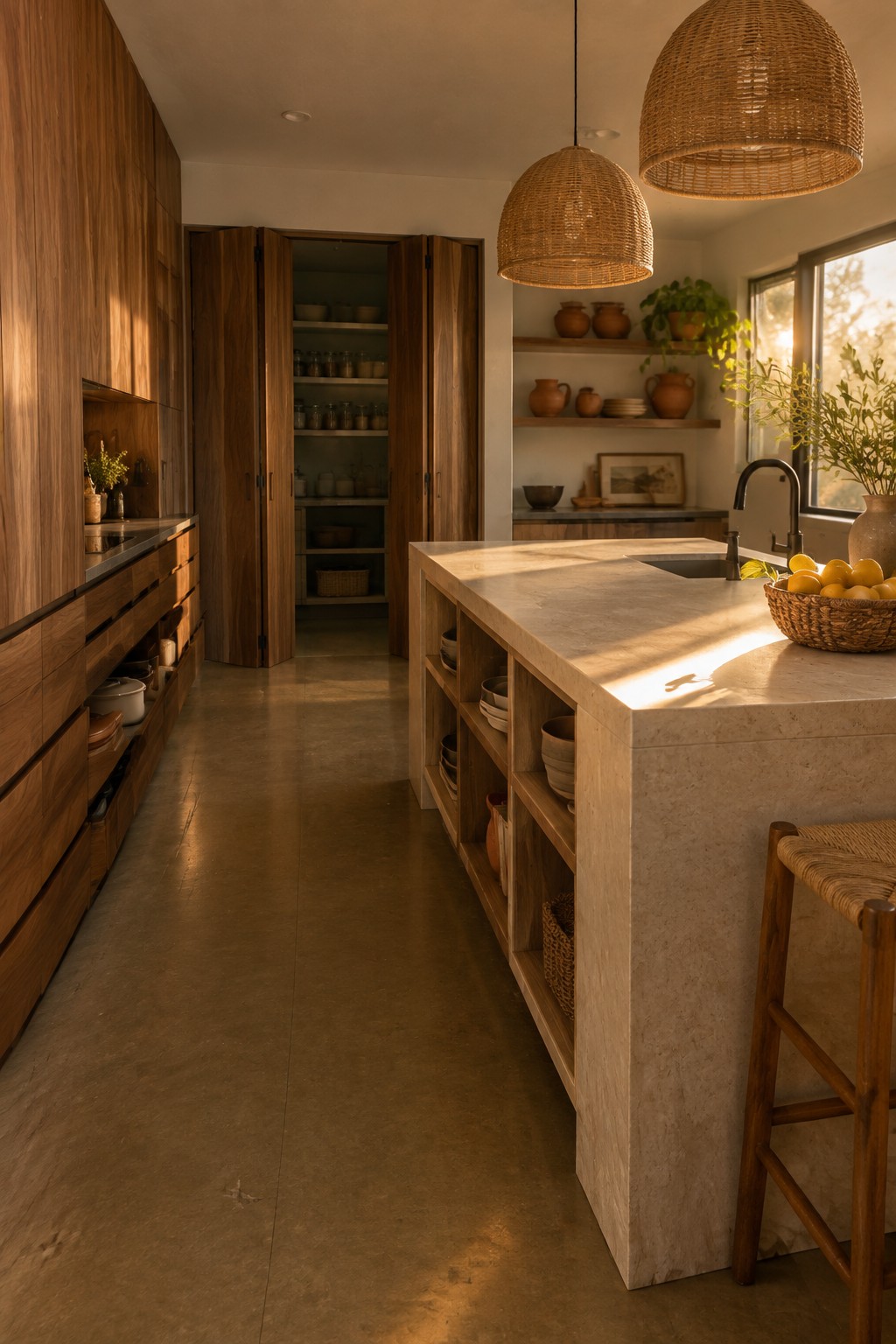 A kitchen interior showing tall wooden cabinets on the left and an open full-height pantry with multiple shelves of jars, bowls, and baskets.