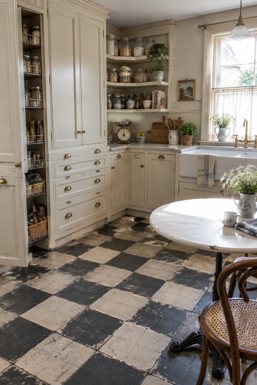 Rustic kitchen with cream cabinets, black-and-white checkered floor, marble table, and open pantry.