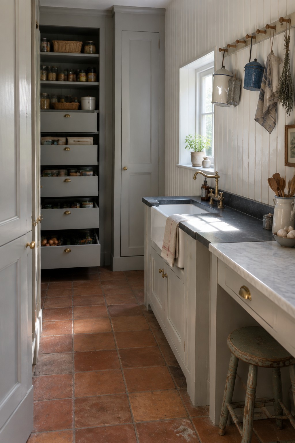 Rustic kitchen with open gray pantry, farmhouse sink, terracotta floor, and hanging enamelware.