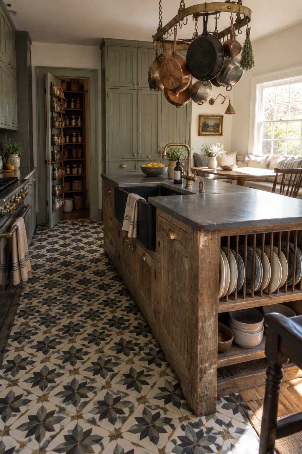 A kitchen interior with a tall open pantry cabinet filled with jars and baskets next to a wooden island with a built-in plate rack and dark sink.
