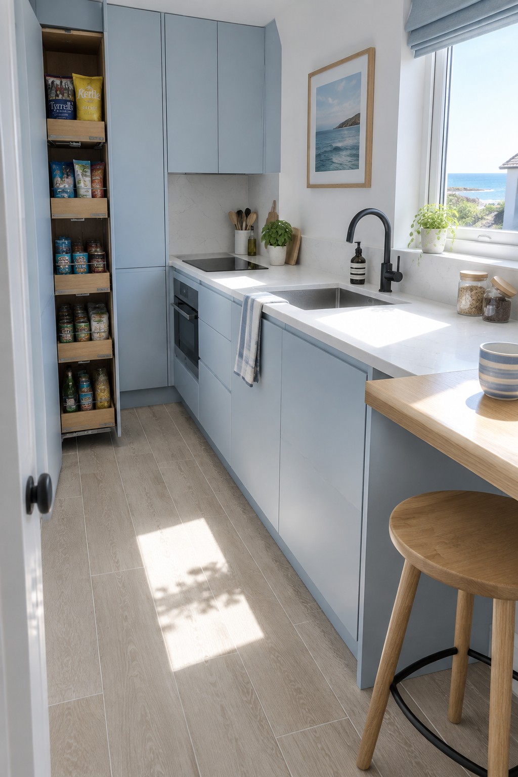 A modern kitchen with light blue cabinets and a tall open pull-out pantry unit filled with food packages and glass jars on multiple shelves.