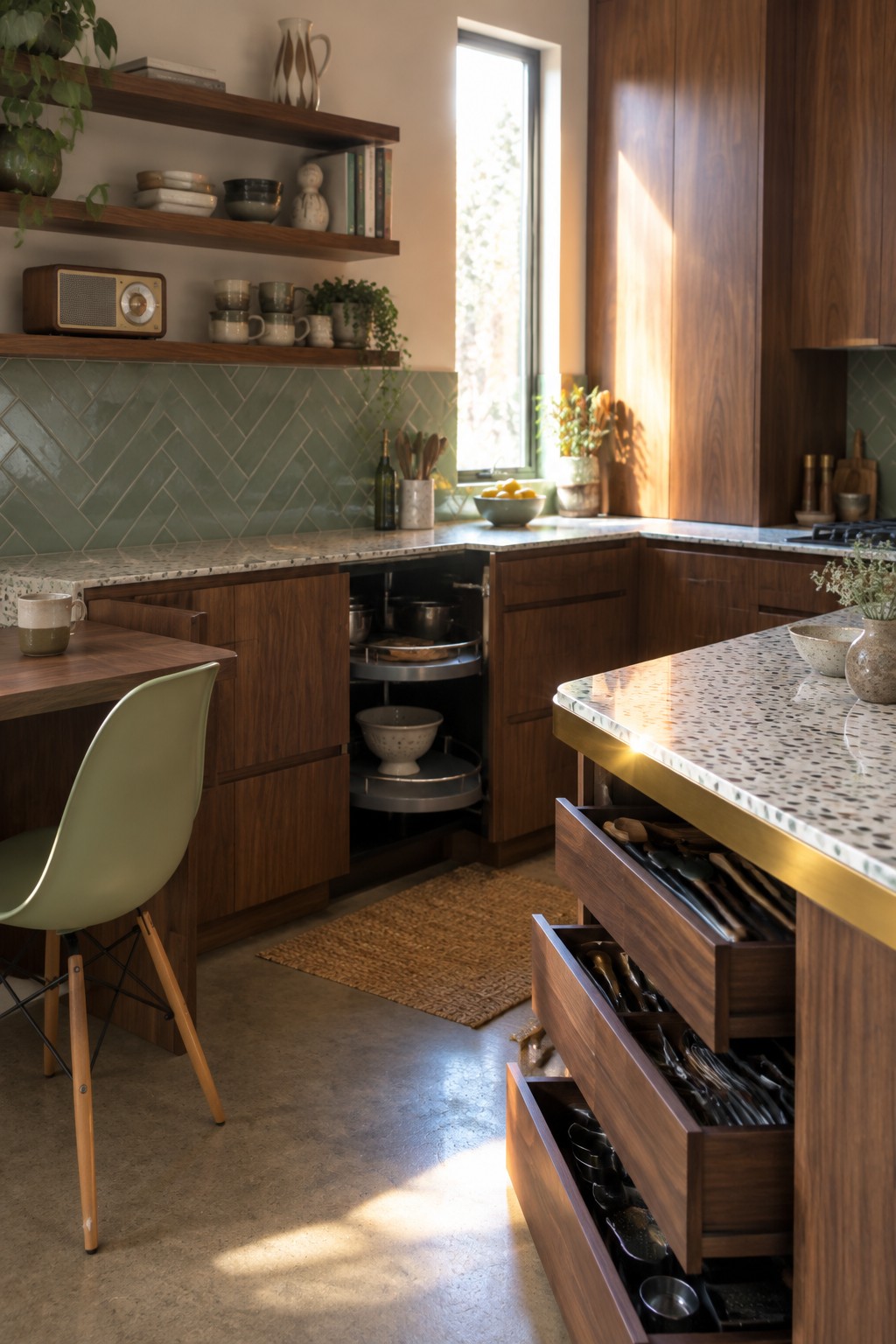 A kitchen with dark wood cabinets, a corner cabinet open to reveal multi-tier rotating pull-out shelves, and an island with several deep drawers pulled open to show organized utensils.