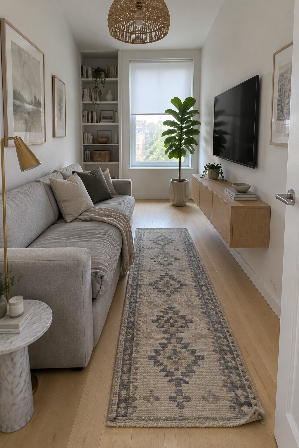 A narrow living room with a gray sectional sofa along the left wall, a long patterned runner rug on light wood floors, a floating wood media console with TV on the right wall, and a large potted plant in front of a window at the far end.