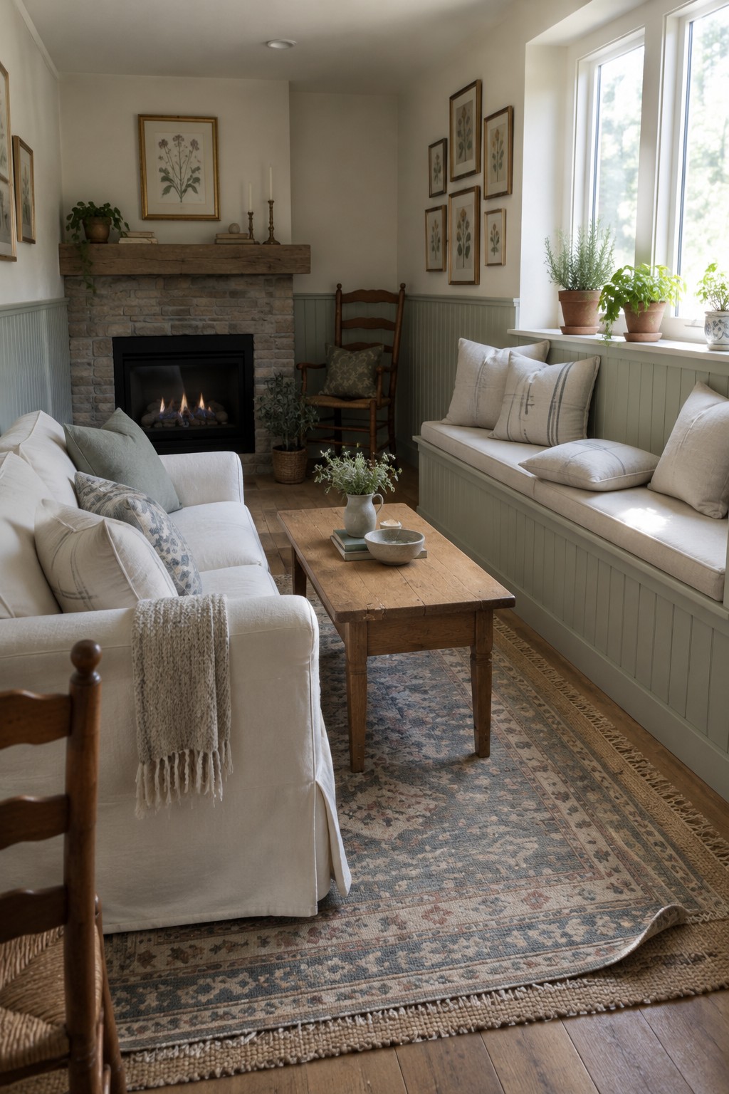 A narrow living room featuring a white sofa on the left, a wooden coffee table in the center, and a long built-in bench with neutral cushions beneath the windows on the right, with a stone fireplace visible at the far end.