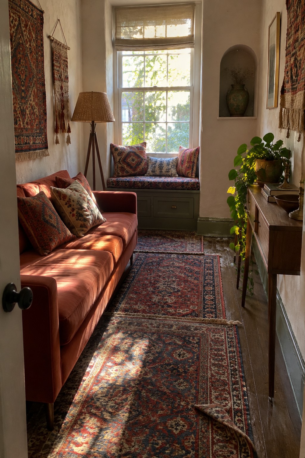 A narrow living room with a red sofa along one wall, two long patterned rugs on the wood floor, and a cushioned window seat with storage drawers beneath a large window.