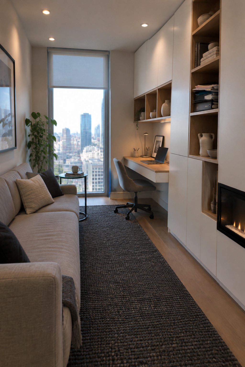 A narrow living room featuring a light sofa on the left, a long dark rug down the center, and a full wall of white built-in cabinets with open shelves and a floating desk on the right.