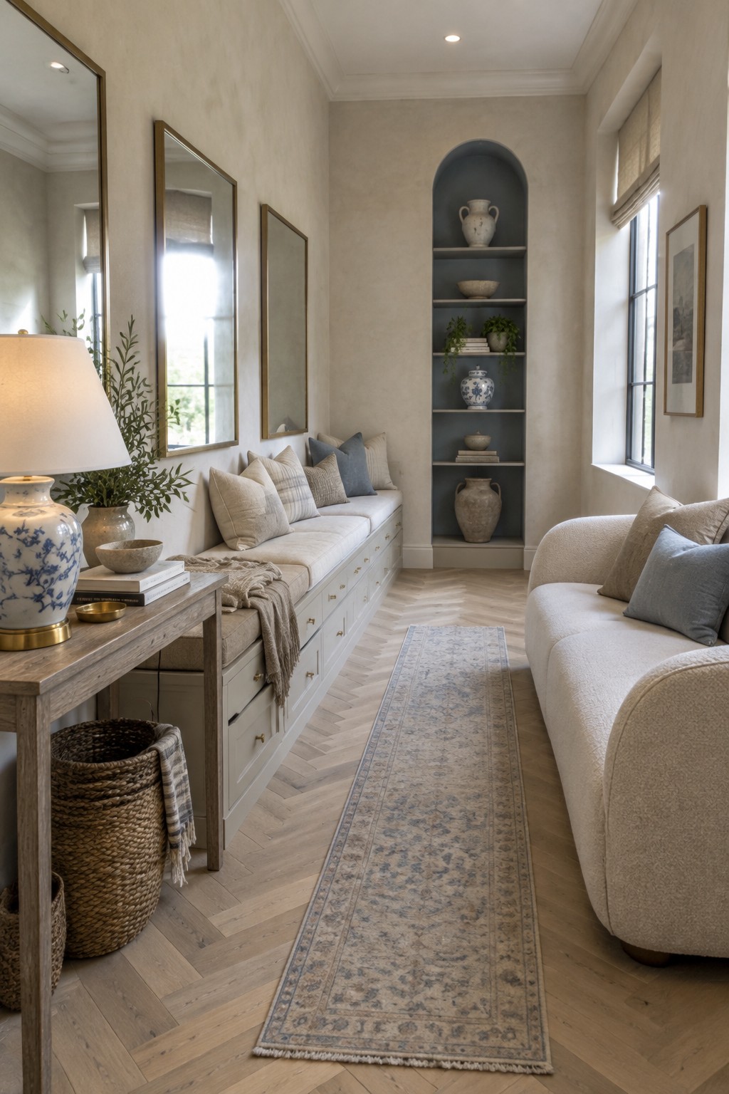 A narrow interior hallway with a long built-in bench seat with cushions and storage drawers, an arched niche with shelves, a wooden console table holding a lamp, and a runner rug on herringbone flooring.