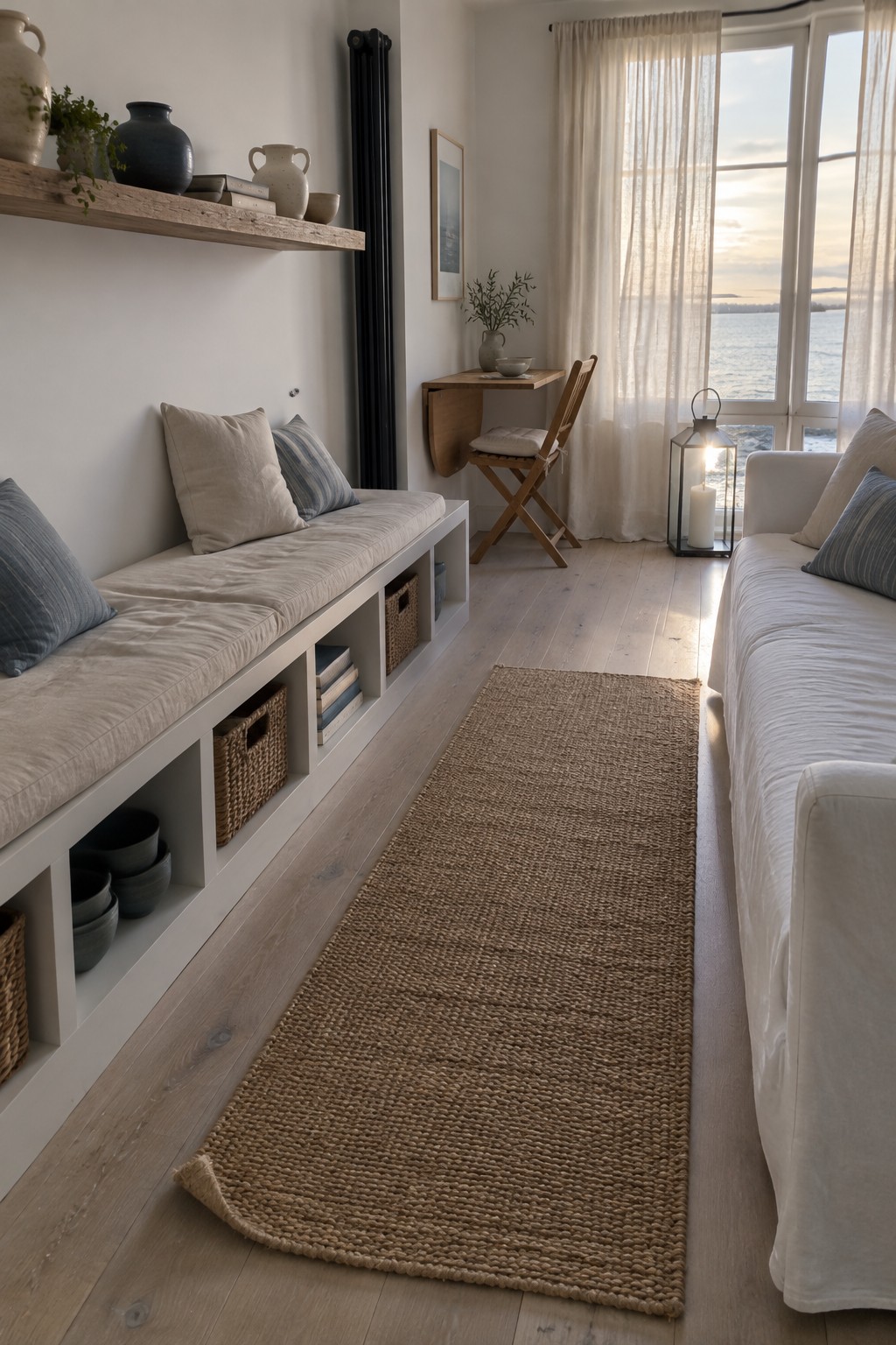 Cozy coastal room with built-in bench, jute runner, wooden shelf, and sea view at sunset