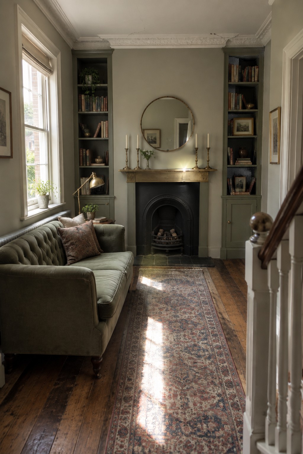 Cozy living room with green sofa, fireplace, bookshelves, and sunlight on patterned rug.