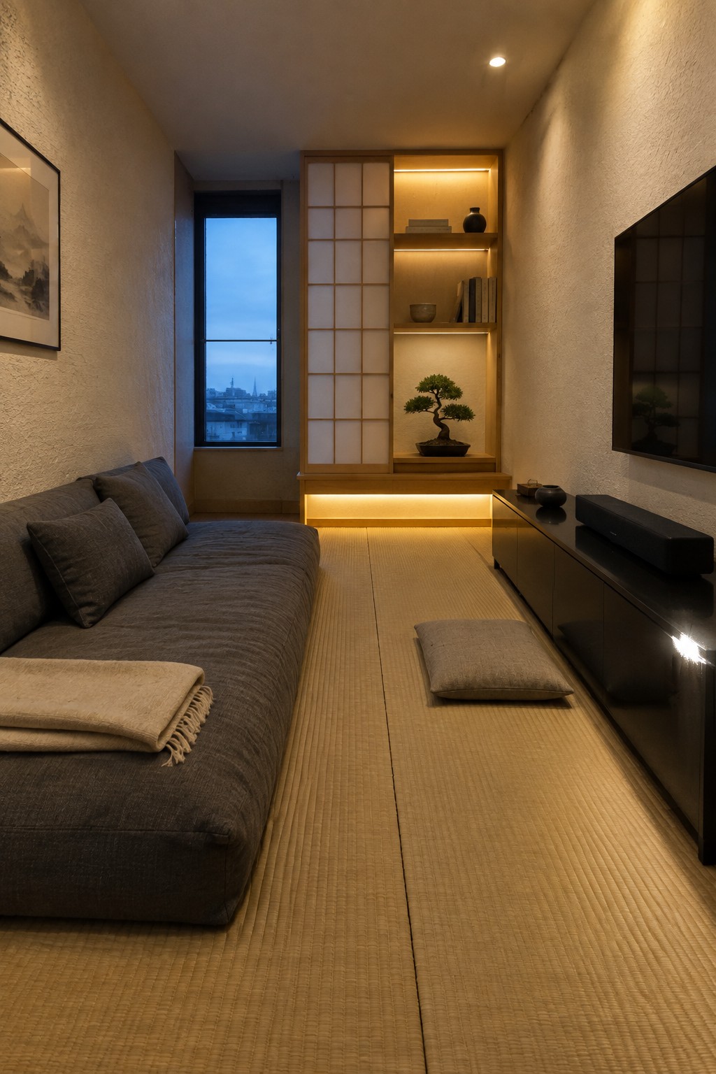 A narrow Japanese-style living room with tatami flooring, a low gray sofa on the left, a built-in wooden alcove with illuminated shelves holding books and a bonsai tree, and a black media console on the right.