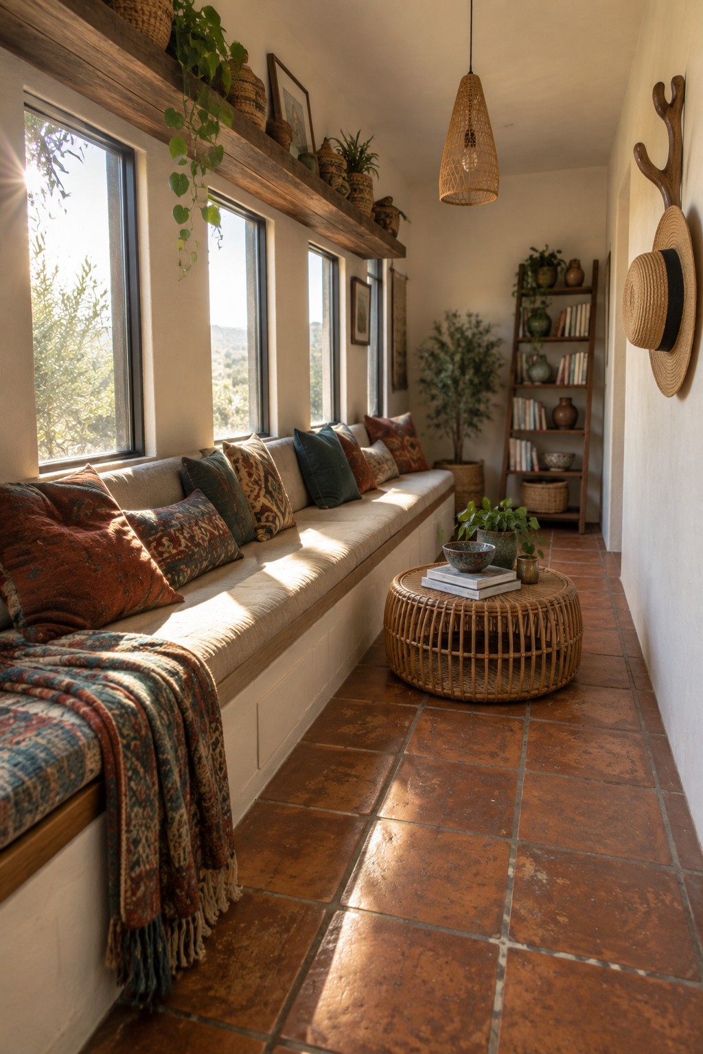 A narrow interior room featuring a long built-in bench seat under multiple windows, lined with patterned cushions and a throw blanket, with terracotta tile flooring.
