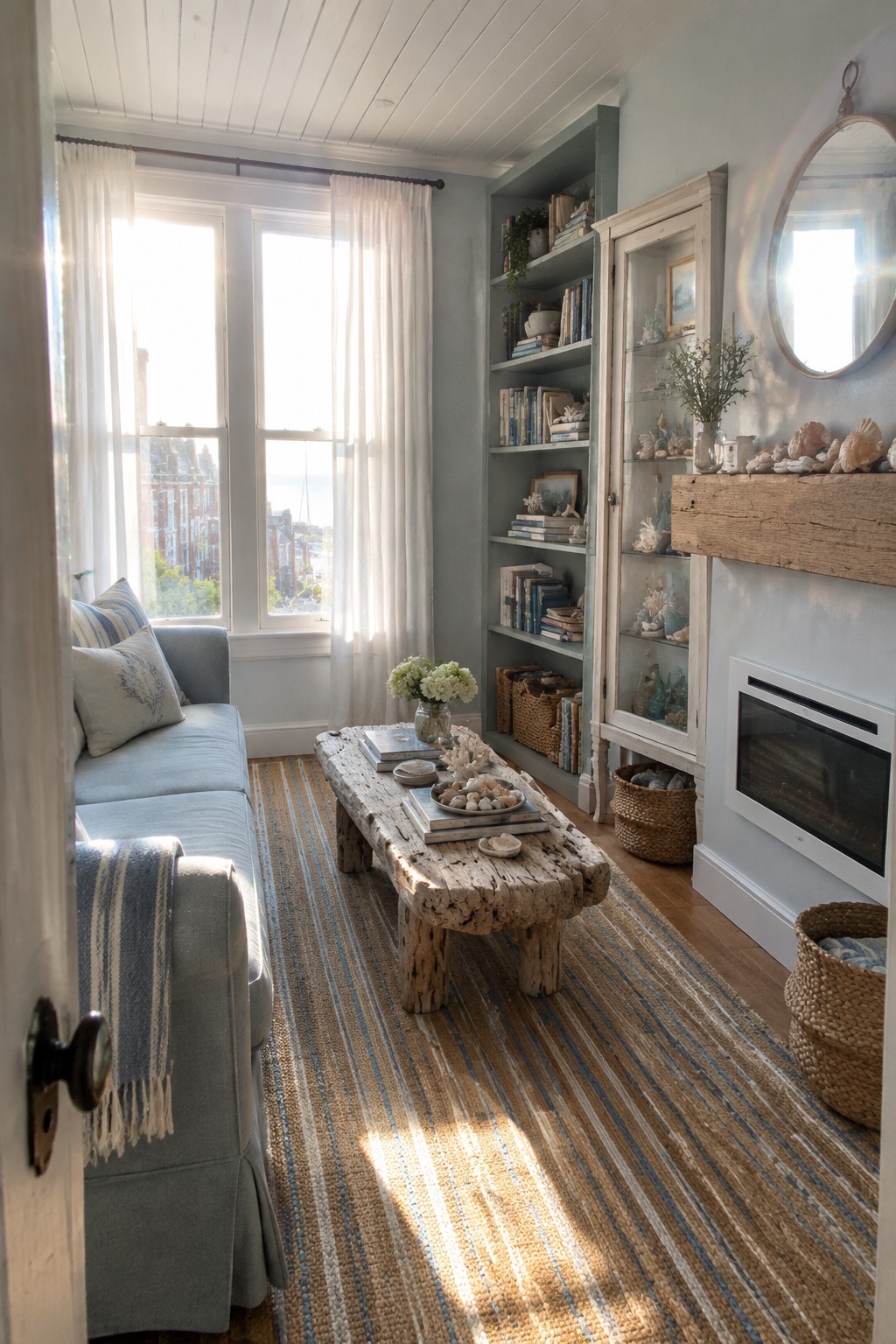 Cozy coastal living room with blue sofa, driftwood table, striped rug, and fireplace.