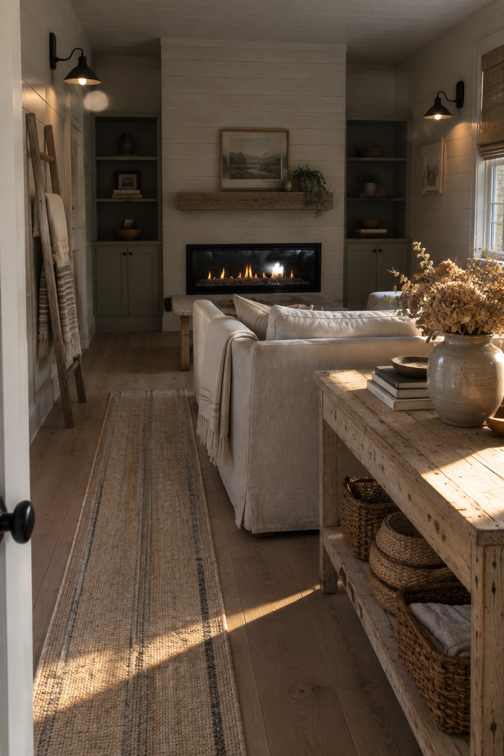 A narrow living room with a fireplace centered between built-in shelves, a light sofa in front, and a long runner rug on the wood floor.