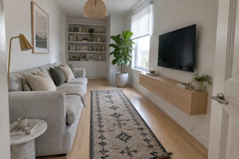 25 Smart Small Living Room Ideas for Narrow Floor Plans A narrow living room with a gray sectional sofa along the left wall, a long patterned runner rug on light wood floors, a floating wood media console with TV on the right wall, and a large potted plant in front of a window at the far end.