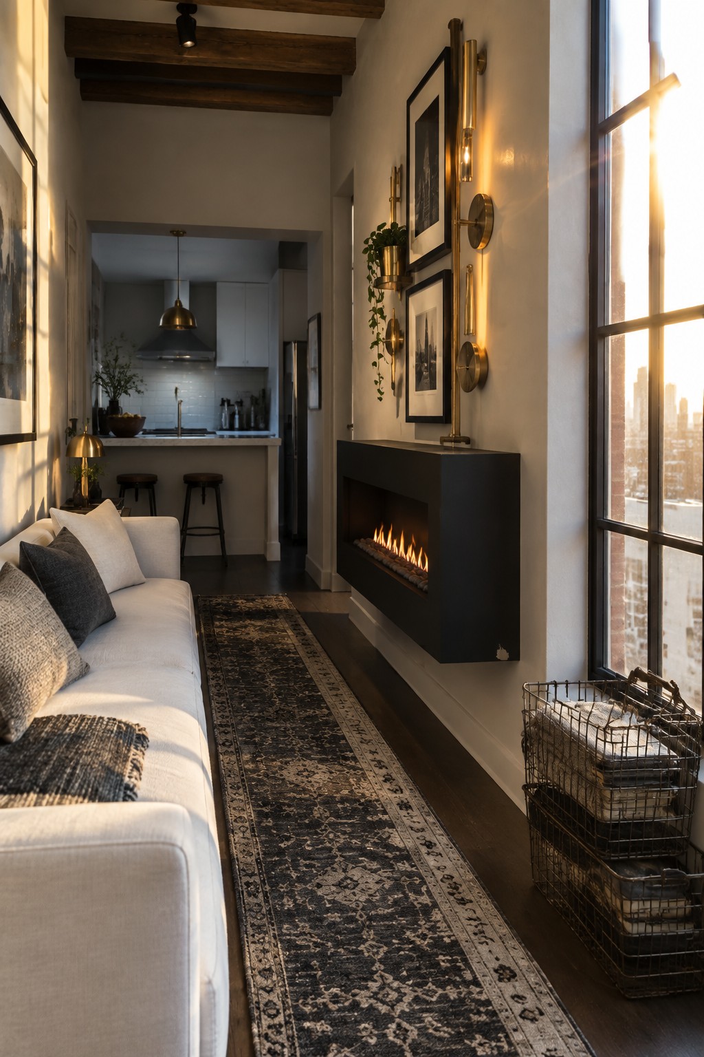 A narrow living room with a white sofa on the left, a long dark patterned runner rug down the center, a black wall-mounted fireplace on the right, and a kitchen visible at the far end.