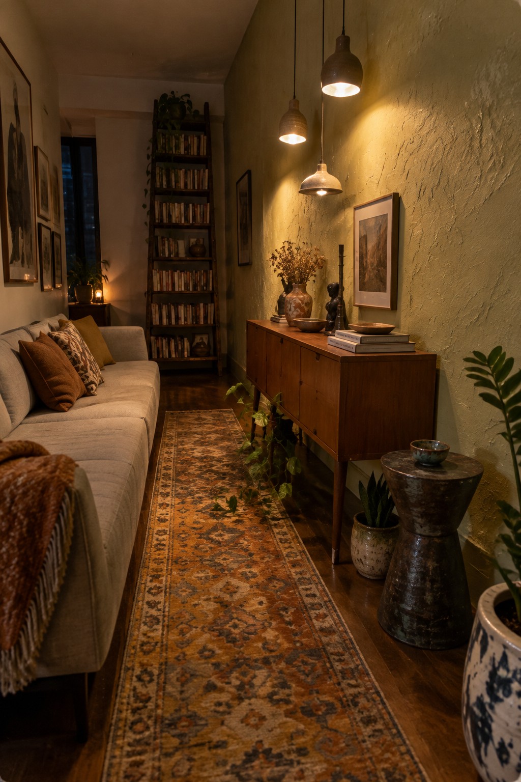A narrow living room with a long patterned runner rug on dark wood floors, a light sofa on the left, and a wooden sideboard on the right under three pendant lights.
