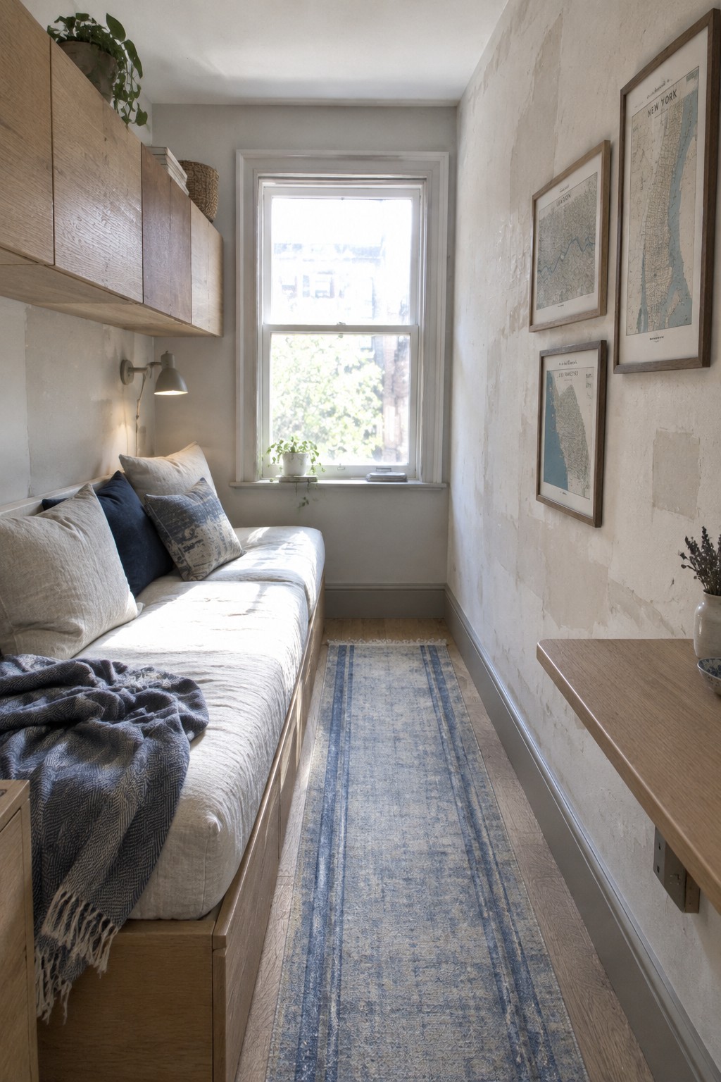 A narrow interior room featuring a wooden daybed with pillows and a throw blanket positioned under a window, a blue patterned runner rug on the floor, and framed maps on the opposite wall.