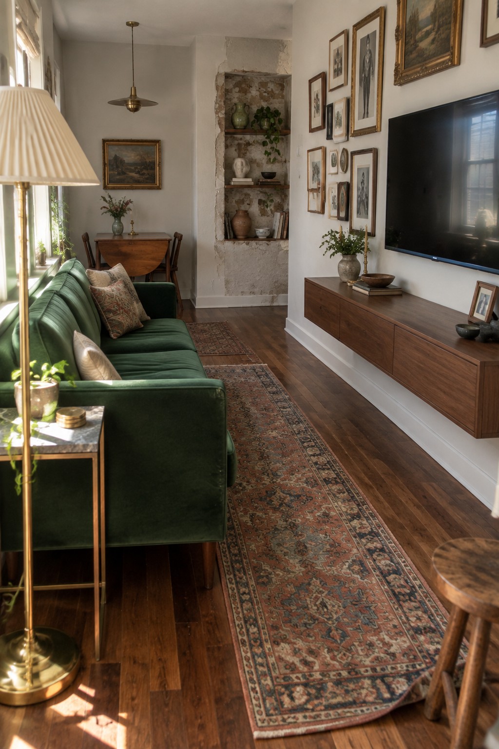 A narrow living room with a green velvet sofa on the left wall, a long wooden floating media console on the right wall, and a patterned runner rug on dark hardwood floors.
