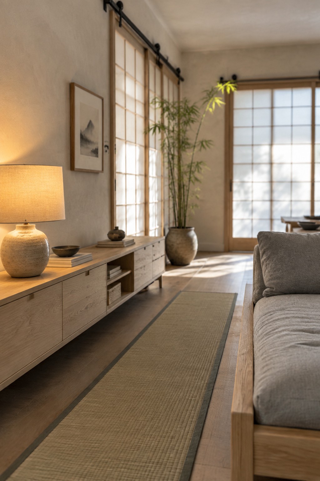 A narrow living room featuring a long low wooden console against a textured wall with a table lamp and books, a gray upholstered sofa on the right, shoji screens, and a woven runner rug on the wood floor.