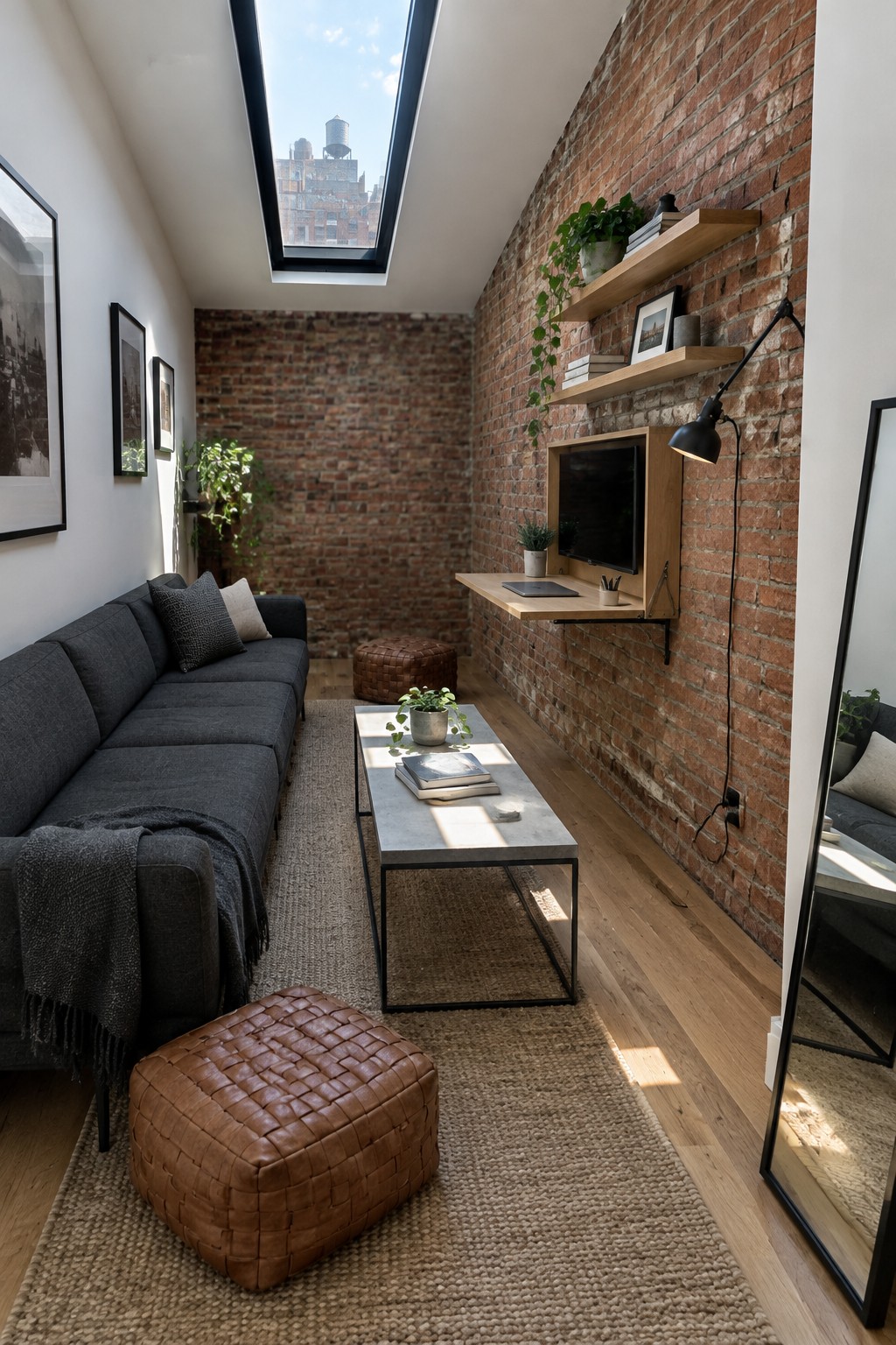 Narrow loft with gray sofa, brick wall, skylight, leather poufs, and floating TV shelf.