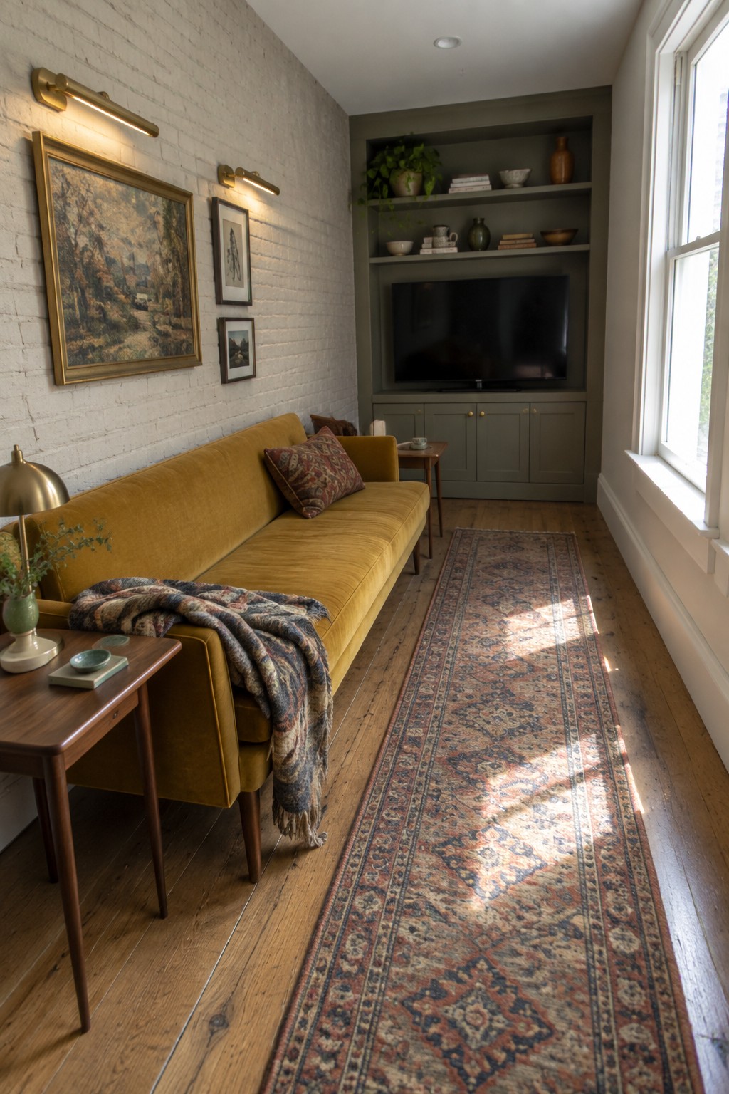 A narrow living room with a mustard yellow sofa against a white brick wall, a long patterned runner rug on wood flooring, built-in gray cabinetry holding a television, and a large window on the right side.