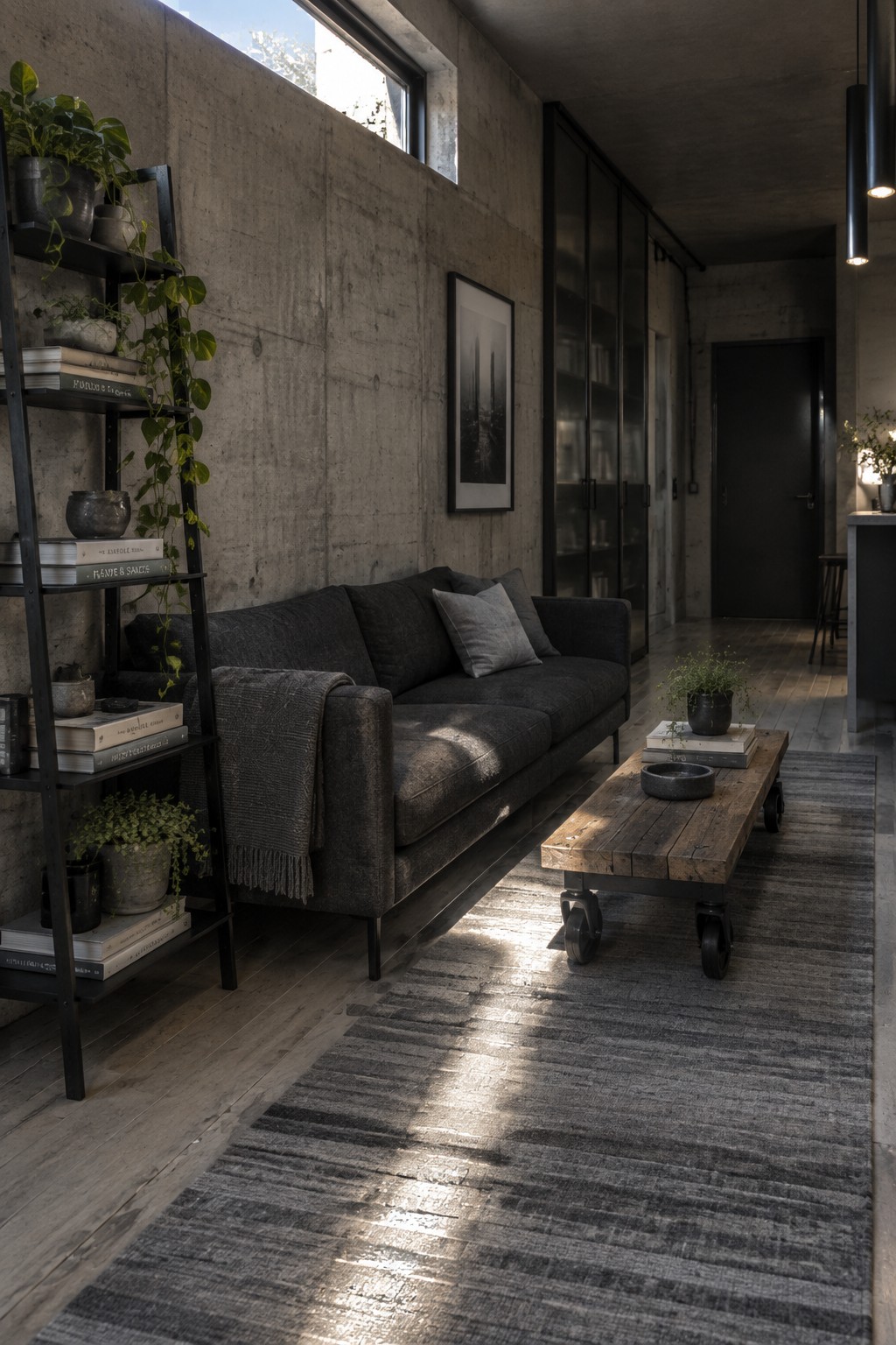 Industrial living room with gray sofa, wooden rolling table, concrete walls and sunlight beams