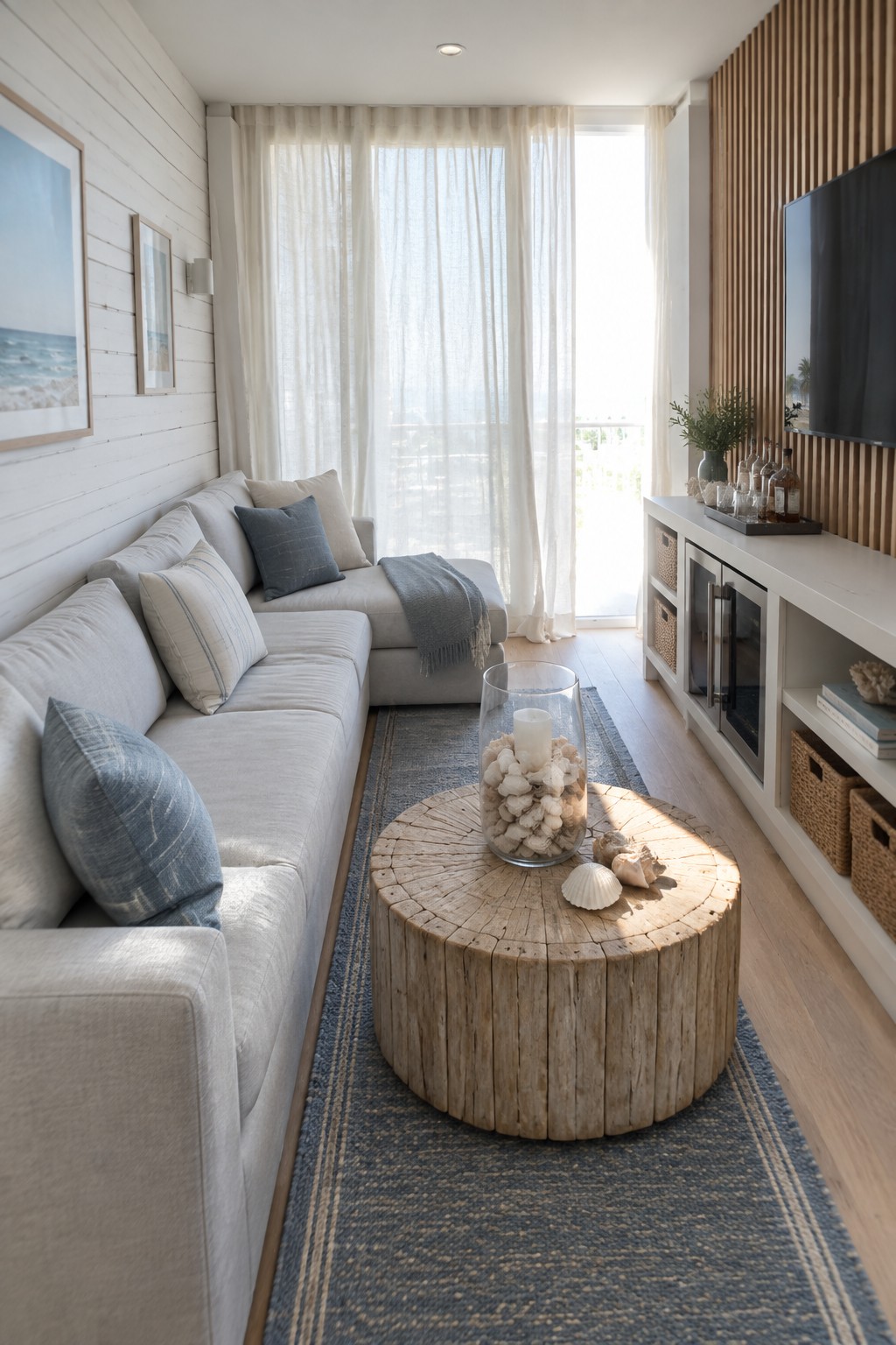 A narrow living room featuring a long light gray sectional sofa along the left wall, a round wooden coffee table centered on a blue striped rug, and a white media console with a television mounted on the right wall.
