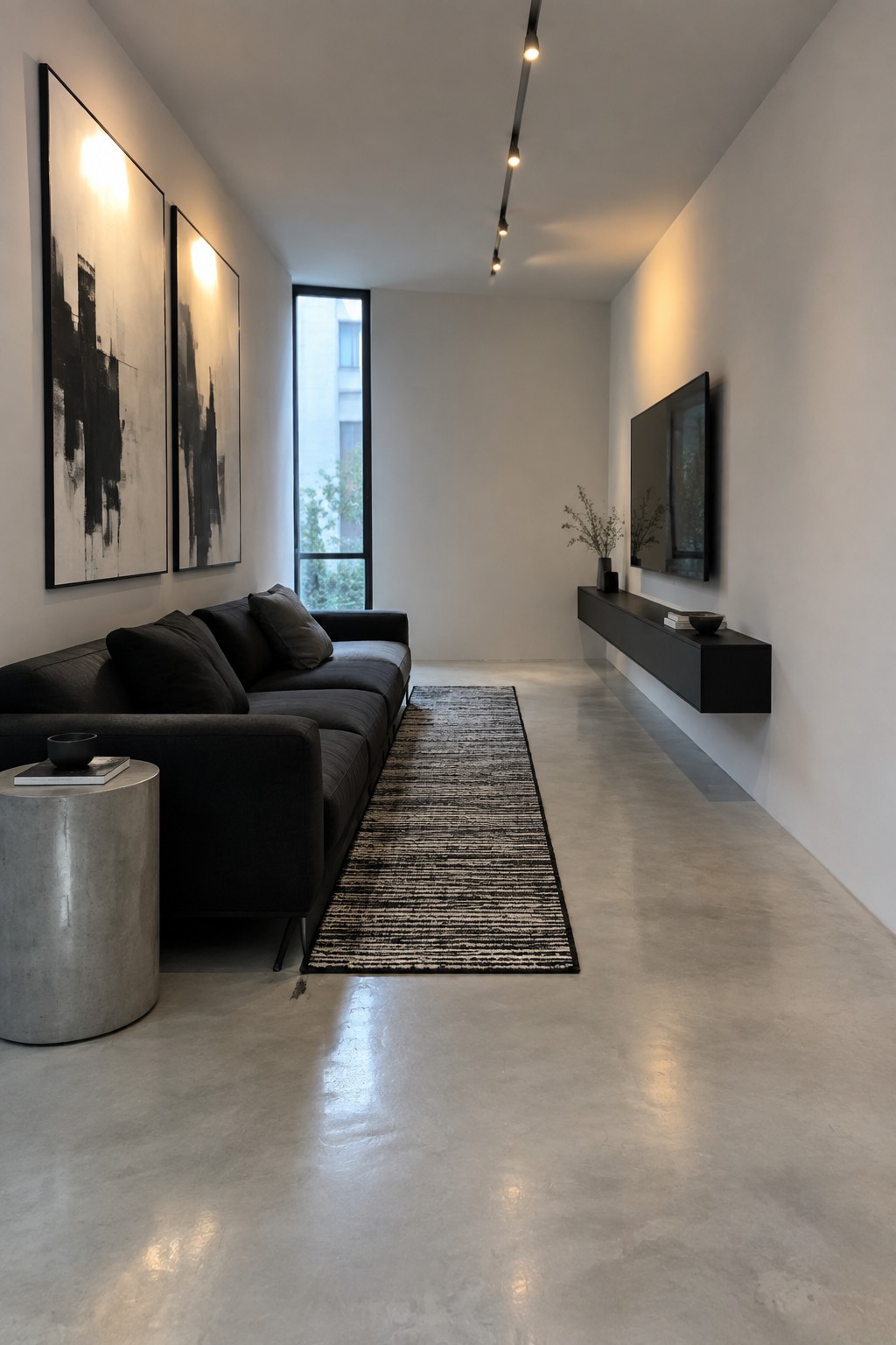 A narrow living room with a dark sofa along the left wall, a long black and white runner rug down the center, and a floating TV console on the right wall.