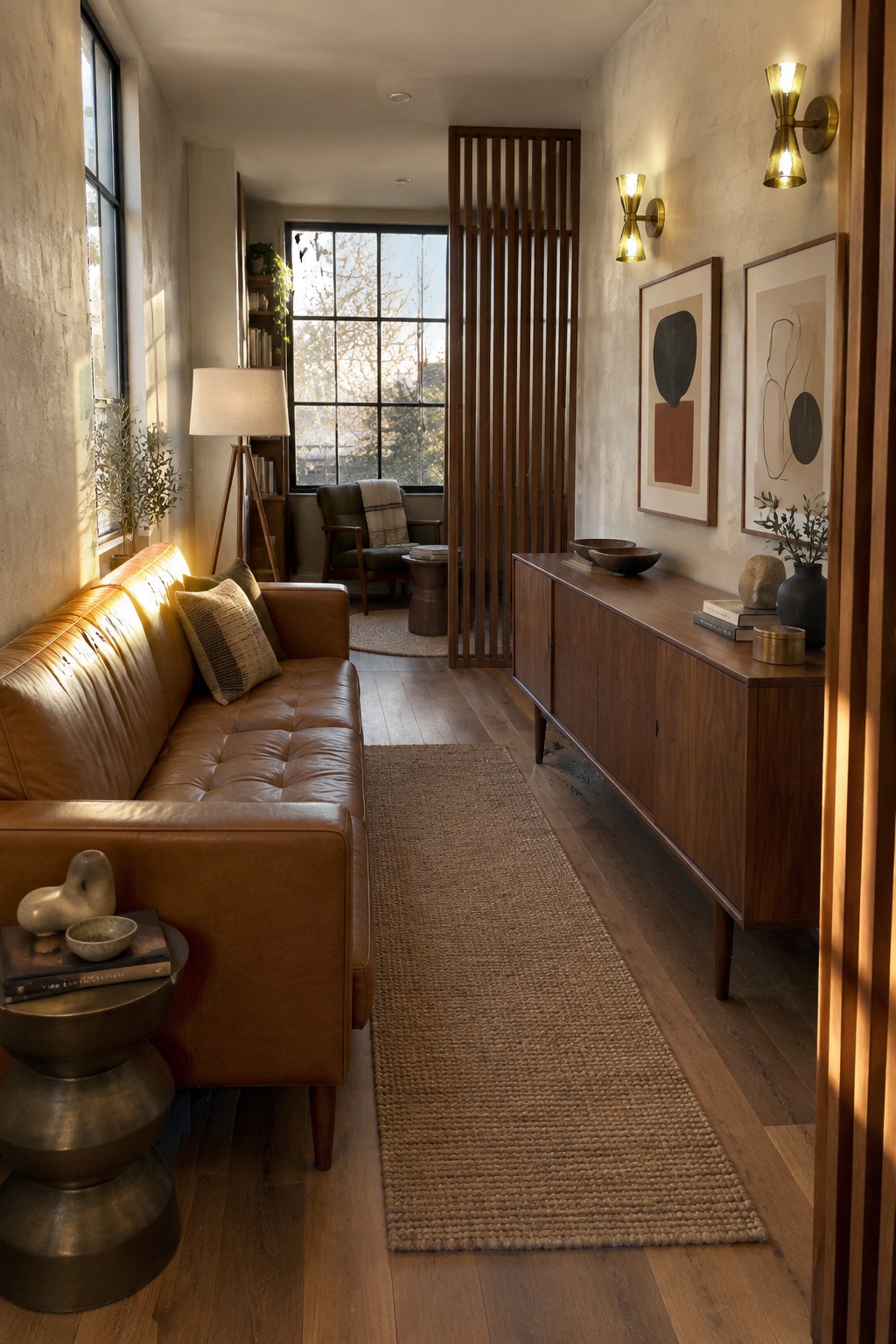 Mid-century living space with brown leather sofa, walnut credenza, jute rug, and abstract art.