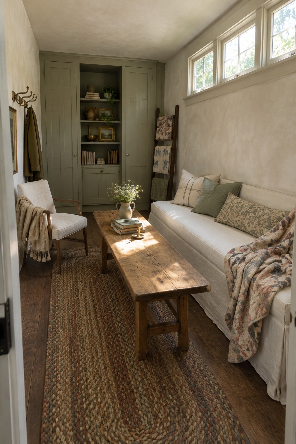 A narrow interior room with a long wooden table centered on a woven rug, a daybed along the right wall, an armchair on the left, and built-in green cabinets at the far end.