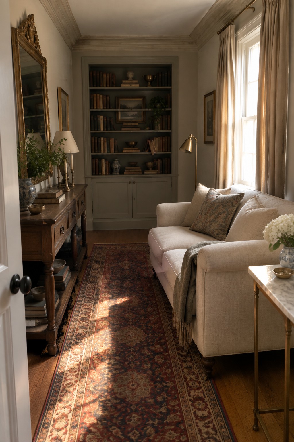 A narrow living room features a long patterned runner rug on hardwood floors, a light-colored sofa along the right wall, a wooden console table on the left, and built-in bookshelves at the far end.