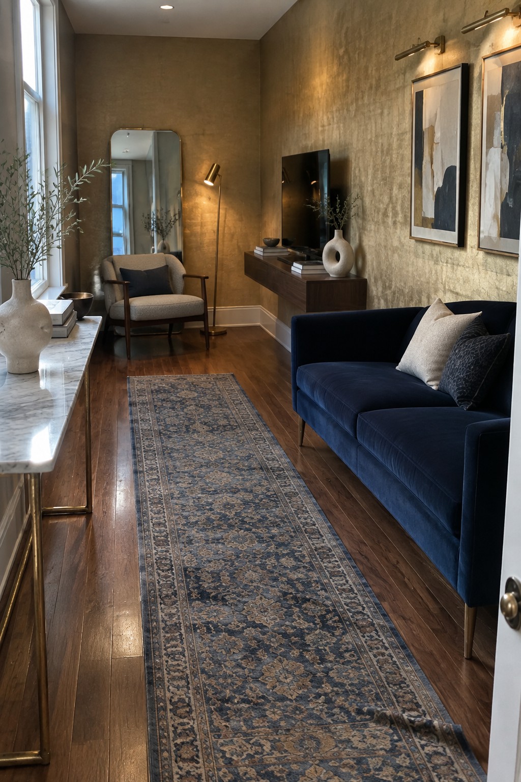 A narrow living room featuring a long patterned runner rug on dark hardwood floors, a blue velvet sofa along the right wall, and a marble-topped console table on the left.