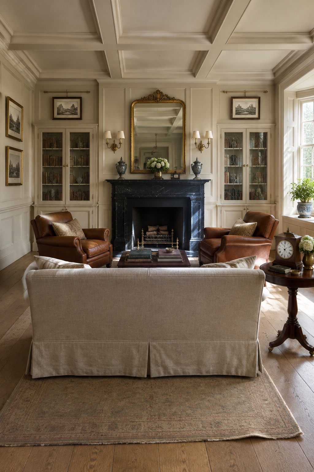 A living room with a black marble fireplace centered between two tall glass-front bookcases, a large gold mirror above the mantel, two brown leather armchairs, and a beige sofa facing the fire.