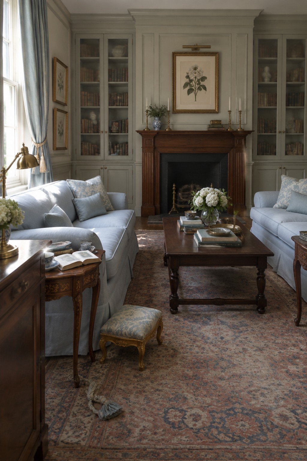 Elegant living room with light blue sofas, dark wood coffee table, fireplace, and patterned rug