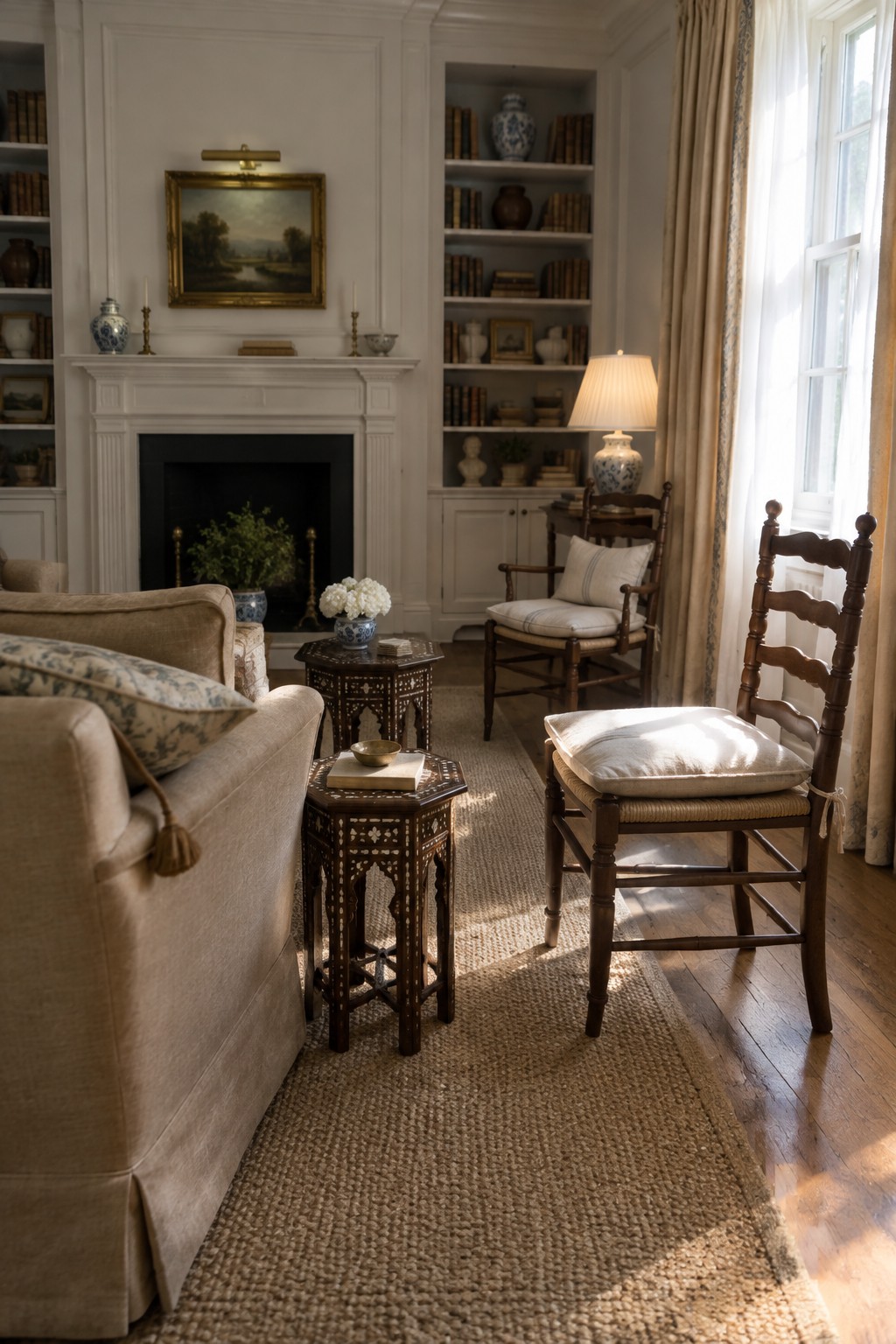 Sunlit traditional living room with beige sofa, wooden chair, inlaid tables, and fireplace.